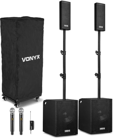 Vonyx VX1020BT 1050W Column PA System with Dual Wireless Microphones, Bluetooth, USB/SD/MP3 Playback, Remote, Plug & Play PA Speakers for Events, DJs, Singers, Karaoke, Announcements, Live Sound