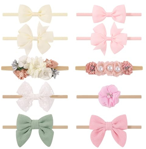 Dooboi 10 diademas elásticas delgadas de nylon para bebé niña | Diademas bebe con nudos y flores para recién nacido, bebé, niña pequeña