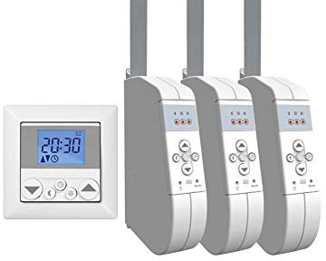 WIR elektronik, eWickler Standard 3 Fenster Funk-Set, eW930-F-M, 3x elektrischer Gurtwickler + 1x Funkuhr eU140, für 15mm Gurtband, Aufputz, bis 45Kg, Fahrtzeiten einstellbar, inkl. Netzstecker