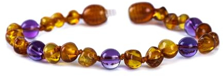 Baby J's - Bracelet couleur cognac et améthyste - Bracelet en ambre de qualité supérieure-100% ambre de la Baltique - Équipé d'un fermoir à vis de sécurité - Noué pour éviter les dispersions - 14 cm