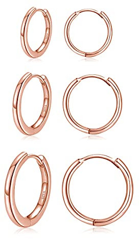 Hasnsofie Creolen Silber 925 Damen Ohrringe, 3 Paare 925 Sterling Silber Rose Gold Kreolen Ohrring Set, Hypoallergen Klein Schlafen Knorpel Creolen Ohrring, Kreolen Ohrringe Set in 10, 12, 14mm
