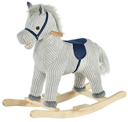 HOMCOM Caballito Balancín Infantil para Niños de +3 Años Caballo Mecedora de Felpa con Sonidos de Relincho y Galope Base de Madera Carga 45 Kg 73x35x64 cm Azul y Rayas Gris