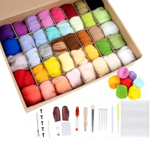 Homewit Set di feltro ad ago, 40 colori da 5 grammi ciascuno, set di feltro per principianti, lana di feltro per lavorare a maglia con set di attrezzi, lana per feltro fai da te