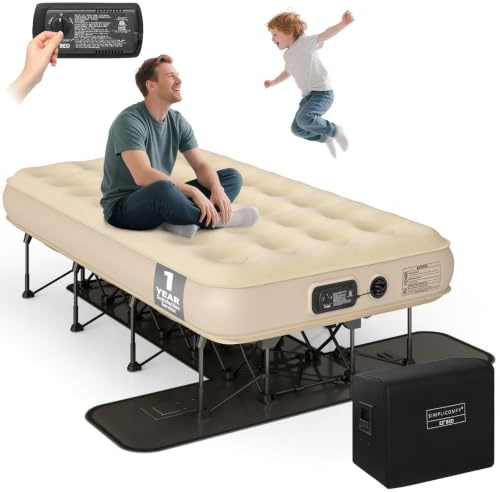 Simpli Comfy EZ Bed Självuppblåsande luftmadrass med integrerad ram, pump och hjulskydd, uppblåsbar luftsäng perfekt för hem, gäst, resor, semester, camping
