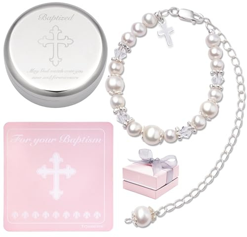 Tryuunion Baptism Bracelet in Sterling Silver and Cultured Pearls for Baby Girls, with Silver-plated Jewelry Keepsake Box, Great Catholic Christening and Baptism Gifts for Girl