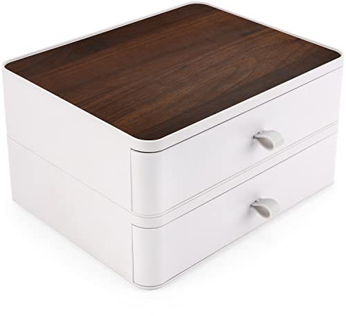 BELLE VOUS Schreibtisch Organizer in Holzoptik mit 2 Weißen Schubladen - Schminktisch Organizer aus PP-Kunststoff - Desk Organizer für Bürobedarf, Stifte, Haushaltsutensilien & Kosmetik Aufbewahrung