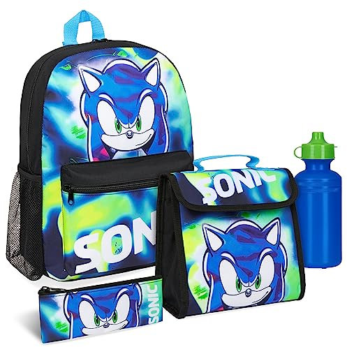 Sonic The Hedgehog Backpack Set 4 Pcs Water Bottle Backpack Pencil Case Insulated Lunch Bag Shadow School Supplies Travel (Sonic 4 Pcs Set)