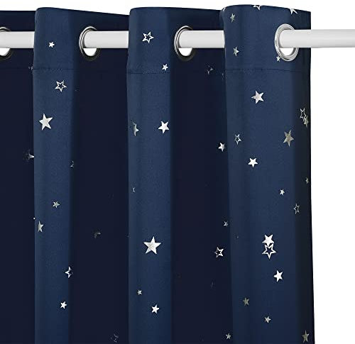 PONY DANCE Navy Thermal Blackout Curtains 52 x 63 Inch - Kids Curtains with Eyelet Foil Printed Star Pattern Curtains with Silver Shiny for Kids Boys Bedroom/Bay Window/Living Room,2 Panels