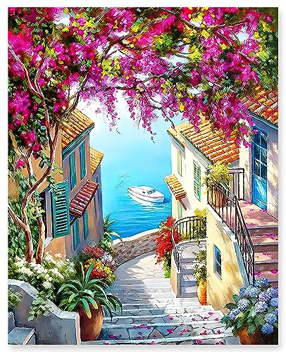 gelrovaled Peinture par Numéros pour Adulte, DIY Peinture Acrylique pour Adultes Enfants débutants Facile sur Toile 40×50 cm avec peintures et pinceaux, Flower Town(sans Cadre)