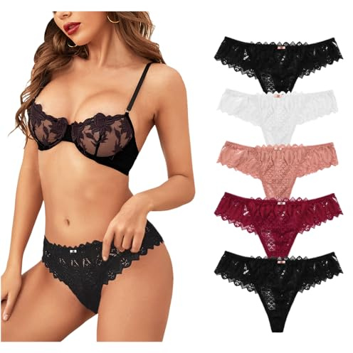 Lishang 5 Pack String Femme Sexy Chic Tanga Dentelle Culotte Basse Femme Slips Culottes Strings Bikini sous Vêtements Tentation Panties