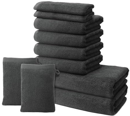 10 er Set Handtücher | 2 Badetücher 70x140cm + 4 Handtücher 50x100cm + 2 Gästehandtücher 30x50cm + 2 Waschlappen 15x20cm | Weich & Flauschig | 100% Baumwolle | 500g/m² | Oeko-Tex | Ôhm | Dunkelgrau