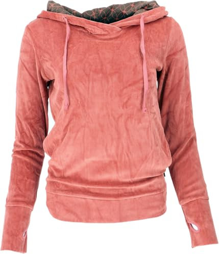 GURU SHOP Nicki-Kapuzenpullover, Weicher Hoodie, Boho Samt Sweatshirt - Apricot, Damen, Baumwolle, Size:M