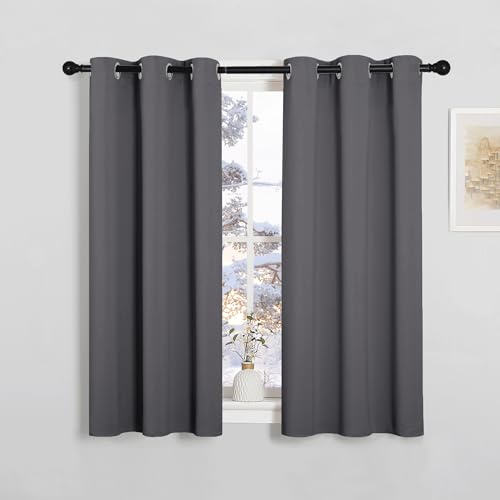 PONY DANCE Thermal Blackout Eyelet Curtains for Kids' Bedroom - Grey, 37x48 Inch, 2 Panels, Soundproof, Light Blocking Curtains & Drapes for Kitchen, Cabinet