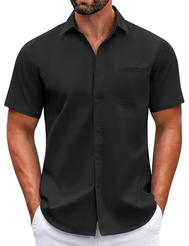 COOFANDY Men's Button Up Shirts Short Sleeve Button Down Shirt Men Casual Dress Shirts for Men Black