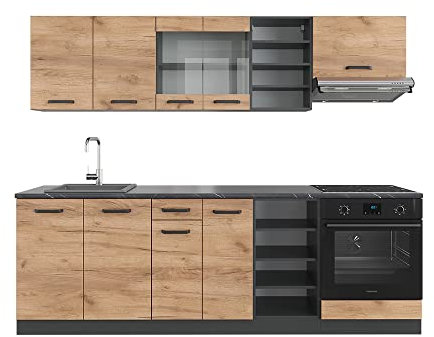 Vicco Küchenzeile R-Line, Goldkraft Eiche/Anthrazit, 240 cm, AP Anthrazit