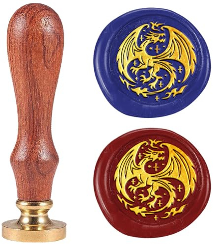 DELORIGIN Dragon Totem Sceau de cire en Laiton et Bois, Tampon de cire avec Tête amovible, 25mm, pour Invitations, Mariages, Cartes de voeux, etc.
