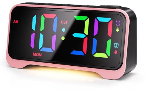 Väckarklocka barn med nattljus, Dynamisk RGB-väckarklocka, 10-färgs LED-display, Digital väckarklocka sängbord, Snooze, 3 alarmlägen, DST, 12/24h, USB-laddningsport, minnesfunktion, dubbla alarm