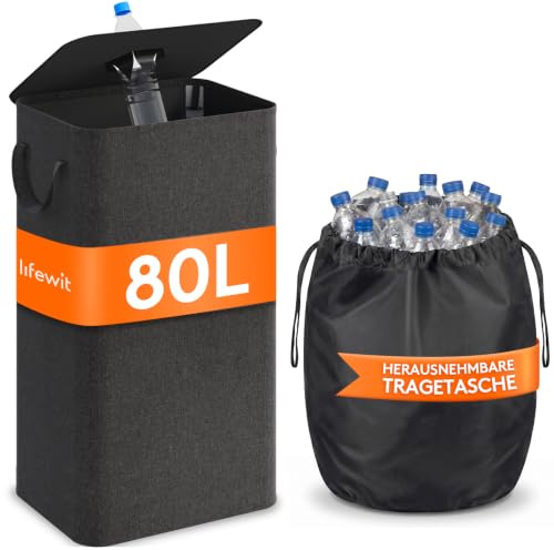 Lifewit 80L Pfandflaschen Sammelbehälter mit Deckel, Groß Pfandflaschen Aufbewahrung, Behälter Leergut & Altglas Aufbewahrung, Flaschensammler mit Loch Küche Abstellraum Flaschentasche, Dunkelgrau