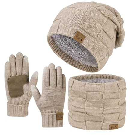 Cexiakong Set con cappello, sciarpa e guanti per touchscreen per uomo e donna, invernale, berretto, maglia slouchy, guanti con sciarpa termica, scaldacollo, scaldacollo tubolare, accessori, bianco