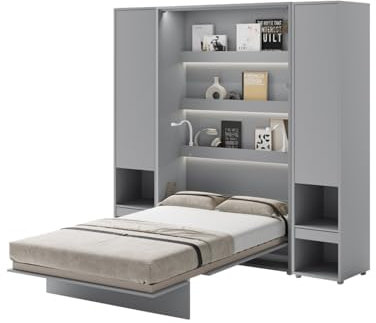 Friderik Bed Concept BC-02 väggfällbar säng vertikal skåpsäng med madrass och med LED-belysning, 120 x 200 cm + 2 x vertikalt skåp BC-07 (grå)