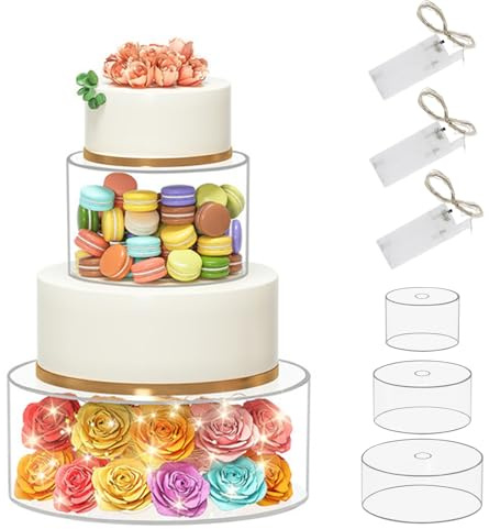 3 Piezas Soportes para Tartas Acrílico, Soporte para Tartas Rellenable con Cadena de luz Nivel Redondo para Cupcakes Cajas Decorativas para Bodas Cumpleaños Fiestas Base para Tartas