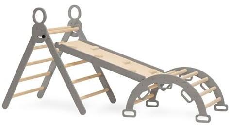 Deryan Montessori inomhuslekset inomhus för småbarn och barn – klättervägg, 5-i-1 klättertriangel, triangel, vikbar klätterleksak för småbarn, trä för 3–8 år, båge – natur/grå