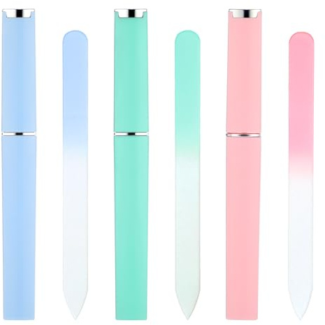 Paquete de 3 limas de uñas de vidrio para mujer, lima de uñas de vidrio con funda, limas de uñas de cristal de doble cara para uñas naturales (rosa, azul y verde)