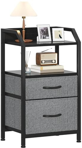 Feonase Bedside Table with 2 Fabric Drawers & Open Shelf - Sturdy Metal Frame Nightstand, Compact End Table for Bedroom, Living Room, Small Spaces, Wooden Top Storage Furniture, Deep Grey