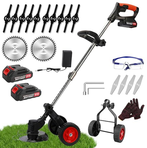 Corte de borde inalámbrico, desbrozadora eléctrica inalámbrica, desbrozadora con 2 baterías y un cargador, mango ajustable, 4 tipos de cuchillas eficaces para jardín y césped fácil (Negro)