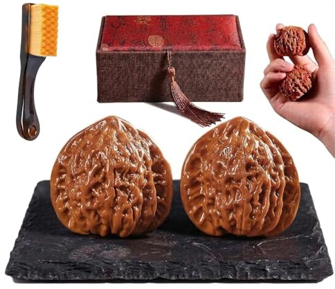 Set de Nueces Wenwan con Caja y Cepillo | 2 Nueces Chinas para Masaje de Manos | Nueces de Jade Natural para Alivio del Estrés y la Ansiedad | Juguetes Anti-estrés Wenwan (B,1.6in)