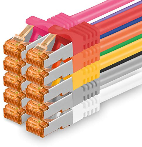 1aTTack.de 5m - Cat.7 Netzwerkkabel 10-Farben - 10 Stück Gigabit Ethernet LAN Kabel 10000 Mbit s Patchkabel Cat7 Kabel S FTP PIMF Schirmung LSZH Cat.7 Rohkabel Rj45 Stecker Cat 6a - 10 x 5 Meter