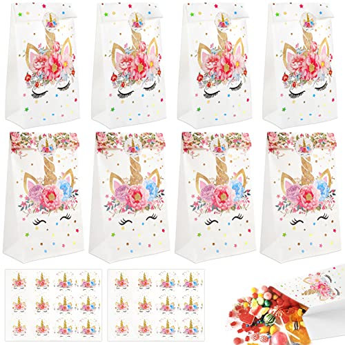 Geschenktüten 24x13x7.7CM, 20 Stück Papiertüten Einhorn, Kindergeburtstag Mitgebsel Tüten, Candy Tüten mit 24 Aufkleber, Partytüten zum Verpacken von Weihnachten,Giveaways,Geburtstag,Hochzeit,Oster