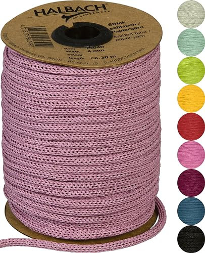 Halbach Seidenbänder Premium Papier Strickschlauch | Breite: 4mm Länge: 30m | Schlauchgarn befüllbar und reißfest, Papiergarn für Namensschilder Kinderzimmer oder zum basteln, Farbe: pale berry