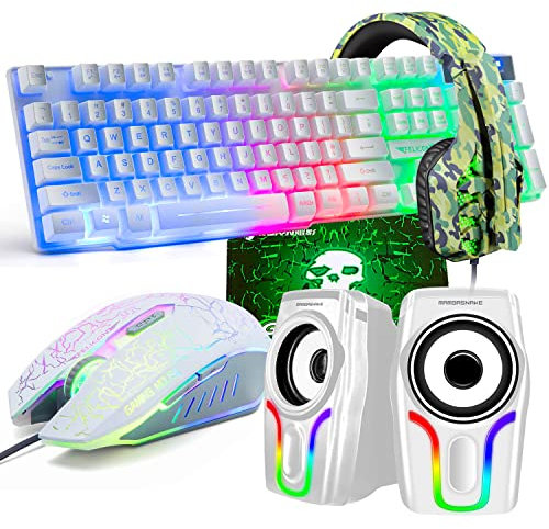 Clavier de Jeu USB rétroéclairé Filaire+Souris de Jeu LED Arc-en-Ciel Optique à 6 Boutons 2400 DPI+Casque de Jeu stéréo+Haut-parleurs RVB+Tapis de Souris Ensemble 5 en 1 (Blanc)
