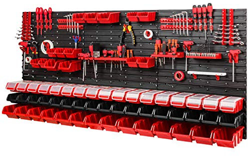 Werkzeugwand – 1728 x 780 mm - Lagersystem SET Lochwand mit Werkzeughaltern und Stapelboxen mit Deckel - Wandregal Werkstattregal Schüttenregal Sichtlagerkästen (Rot/Schwarz)
