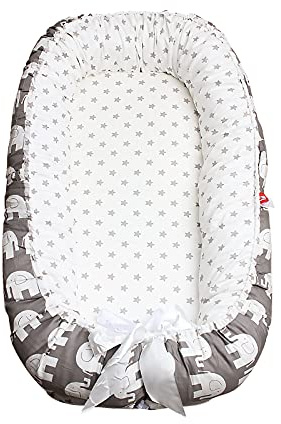 SONARIN Nido para Bebe Recién Nacido,Reductor de Cuna Nidos,Doble cara,Transpirable,100% Algodón hipoalergénico,con Almohada,Portátil(Elefante Gris)