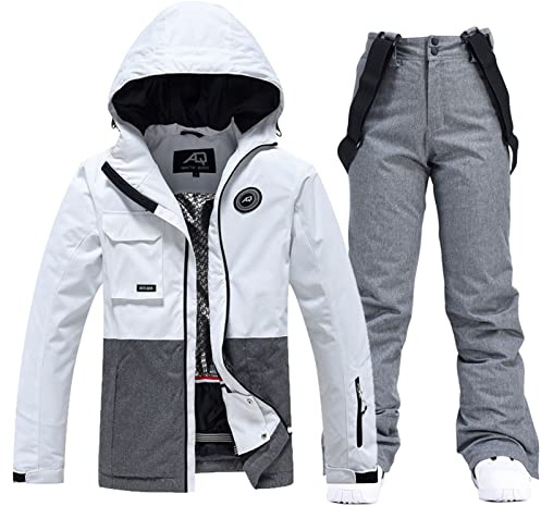 WyOutdoor Femmes et Hommes Combinaison Ski Coupe-Vent Tenue Étanche Deux Pièces Ensemble Veste et Pantalon l'Hiver Snowboard Vêtement pour Couple, Gris, M'