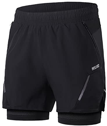 ARSUXEO Laufshorts Herren Laufhosen 2 in 1 Trainingsshorts Kurze Turnhose mit Mesh Liner Reißverschlusstaschen B210 schwarz L