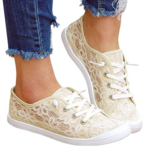 SUNNSEAN Sneaker Damen Leicht Flache Schuhe Atmungsaktive Stoffschuhe Elegante Frauen Schnürhalbschuhe Laufschuhe Sommer Herbst Outdoor Walkingschuhe Halbschuhe, U01 Beige, 39 EU