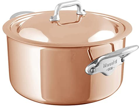 Mauviel M'6S - Sartén de 6 capas de cobre pulido y acero inoxidable con tapa, y asas de acero inoxidable fundido, 6.2 cuartos de galón, fabricado en Francia