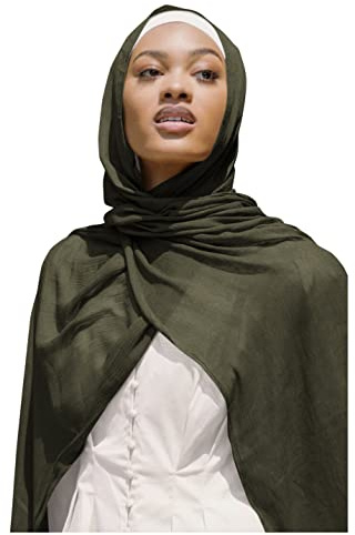 Txameru Hijab Scarf for Women - Muslim Rayon Crinkle Scarf With Fringe Edge (Olive)