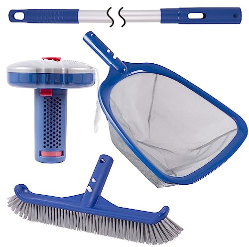POOLAZA Pool-Reinigungsset über dem Boden, 1 stabile Poolbürste, 1 feinmaschiges Pool-Skimmer-Netz, 1xUniversal-Aluminium-Poolstange, 1xPool-Chlor-Schwimmer, ideales Pool-Wartungsset über dem Boden