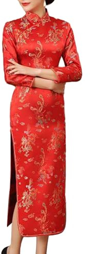 SHINROAD Robe Qipao chinoise traditionnelle chinoise à manches longues pour femme, coupe ajustée, col montant, manches longues, fente latérale, longueur cheville, Rouge 1, L
