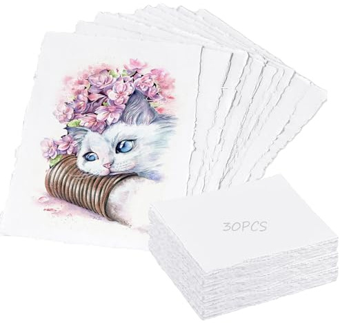 30 Piezas A6 Papel Acuarela Papel de Arroz Acuarela Papel Acuarela 300gr Algodon Papel Pergamino Cartulina Papel Acuarela A6 Papel Hecho a Mano para Dibujar Invitaciones Cartas Manualidades