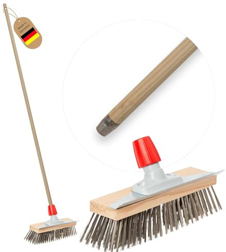 Novaliv Robuster Drahtbesen mit Stiel - Stahlbesen mit Holzstiel, Effiziente Moosentfernung, Drahtbürste, für Pflastersteine & Garten, Stahldrahtbesen, Mooskratzer, Pizzabesen, Pizzastein Bürste