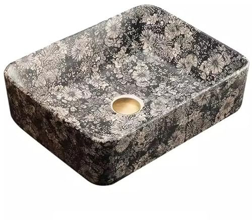 ZTGL Lavabo sobre Encimera Rectangular de Cerámica para Mueble Bajo Muy Fácil de Limpiar Resistente y Decorativo 47 x 36 x 12 cm - Diseño Floral Blanco y Negro Dibujado a Mano,Single Sink