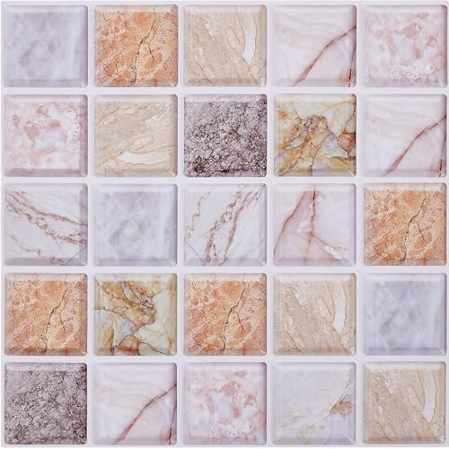 Warmiehomy Piastrelle autoadesive 3D da parete, 30 x 30 cm, 12 pezzi, adesivi da parete in vinile impermeabile, per soggiorno, cucina, camera da letto, bagno (marmo arancione-bianco)