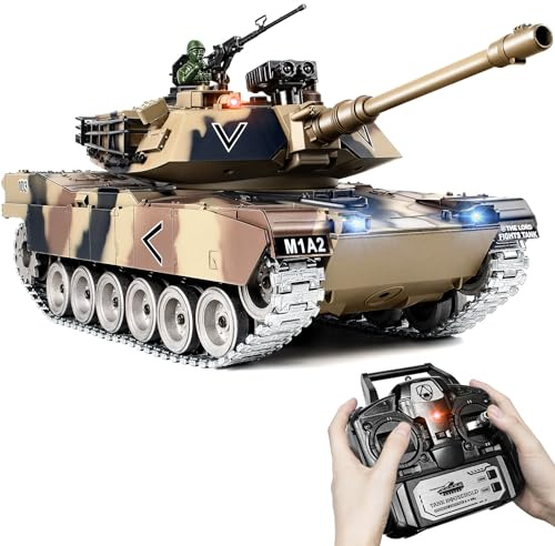 Supdex Tank Telecommande M1A2 Abrams 1:18, 2.4Ghz Char RC, Maquette Char de Combat Télécommandée pour Adultes, Enfants, Tire Billes Airsoft, Équipe Fumée, Son, Lumières