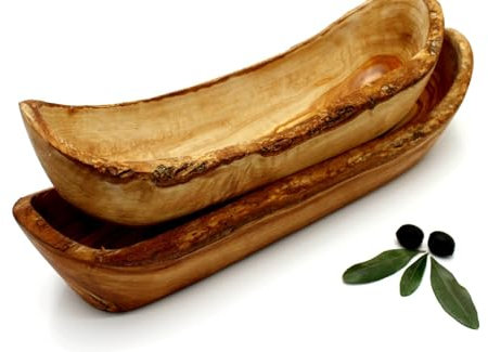 DAGDEG Bol à fruits et à pain rustique en bois d'olivier - Bol à baguette - Bol rectangulaire en bois d'olivier décoratif - Bol rustique en bois d'olivier - Environ 35 cm - Fabriqué à la main