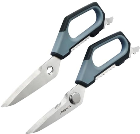 Aihomo Kitchen Scissors, Detachable Stainless Steel Kitchen Shears, Dishwasher Safe Food Scissors with Herb Stripper, Soft Grip Handle for Meat, Chicken, Fish, Herbs and Packaging, Morandi Blue